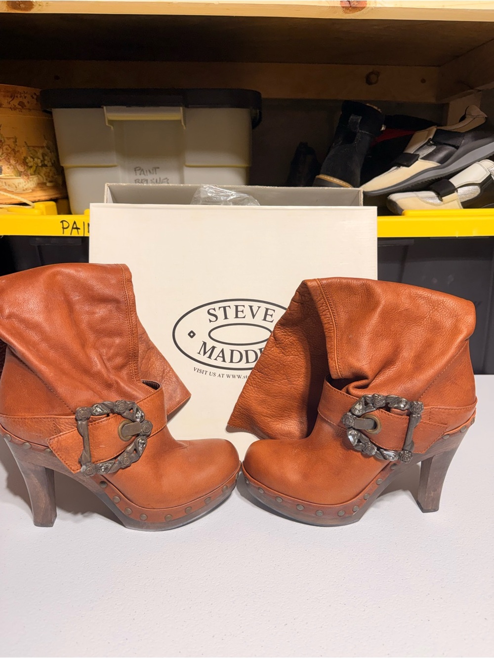 Steve Madden Women's Cognac Leather Buckle Clog Booties